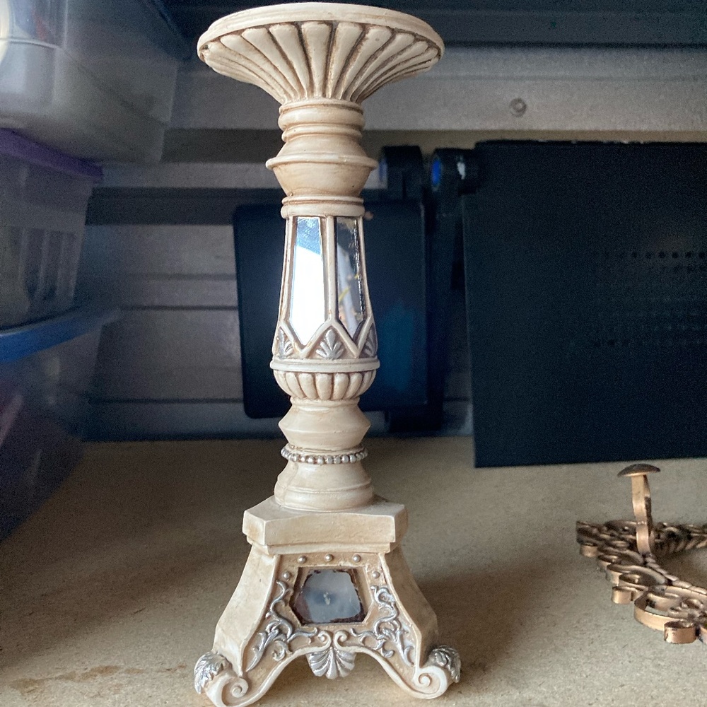 Candle Holder Pillar Antique Detail  Mirrored